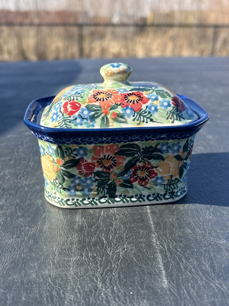 Unikat Polish Pottery Handmade Floral Salt Box Dish New