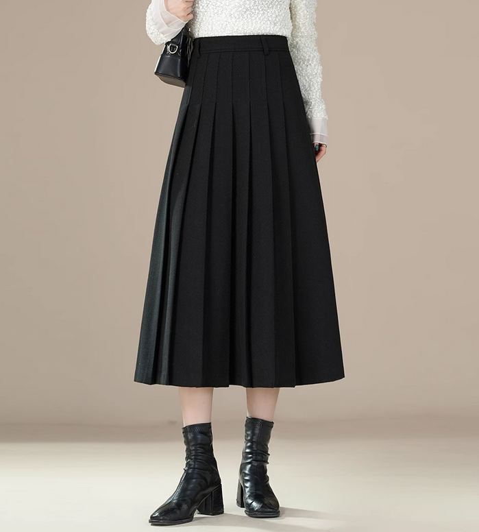 Black Pleated Skirt Women's Mid Long Winter Woolen Skirt High-waisted A-line