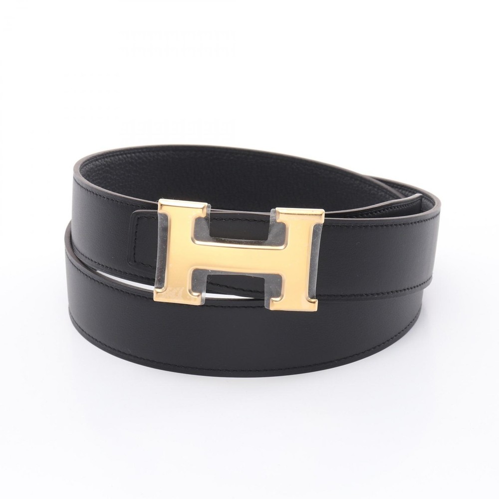 HERMES W Swift Togo leather belt in black with gold hardware  