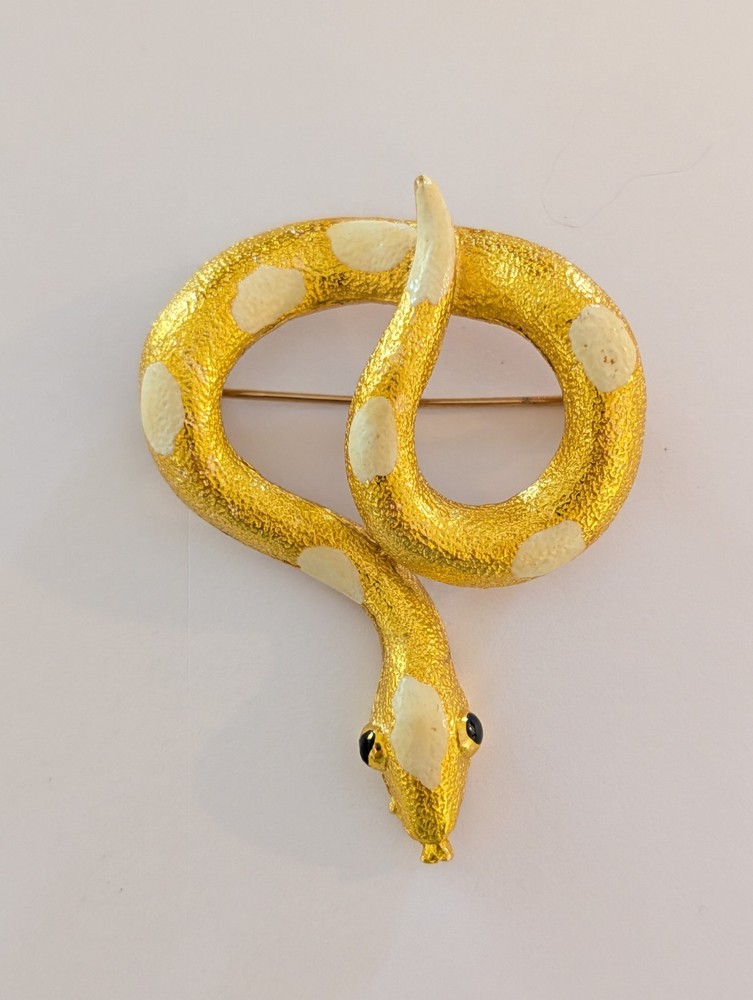 Vintage Shiny Gold Tone Enameled Coiled Snake Brooch Pin