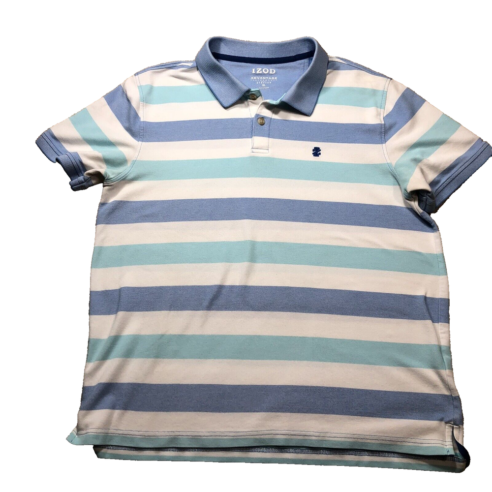 Izod Polo Shirt Mens XL Blue White Aqua Stripes Advantage Stretch Golf Active