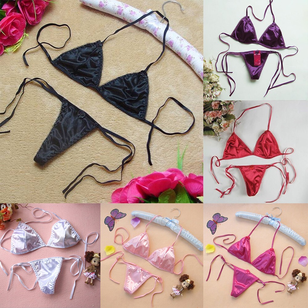 Panties Bikini Satin Bra Lace Up Lingerie Satin Silk Sexy T-back Womens