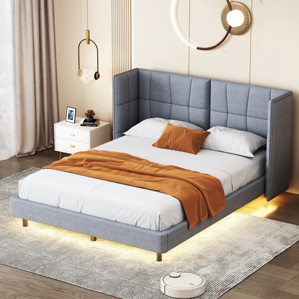 Queen Size Upholstered Platform Bed with LED Lights and U-Shaped Headboard, Line