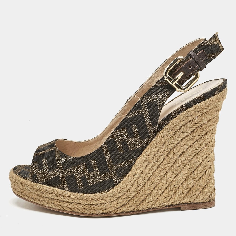 Fendi Brown Canvas FF Slingback Wedge Sandals Size 36