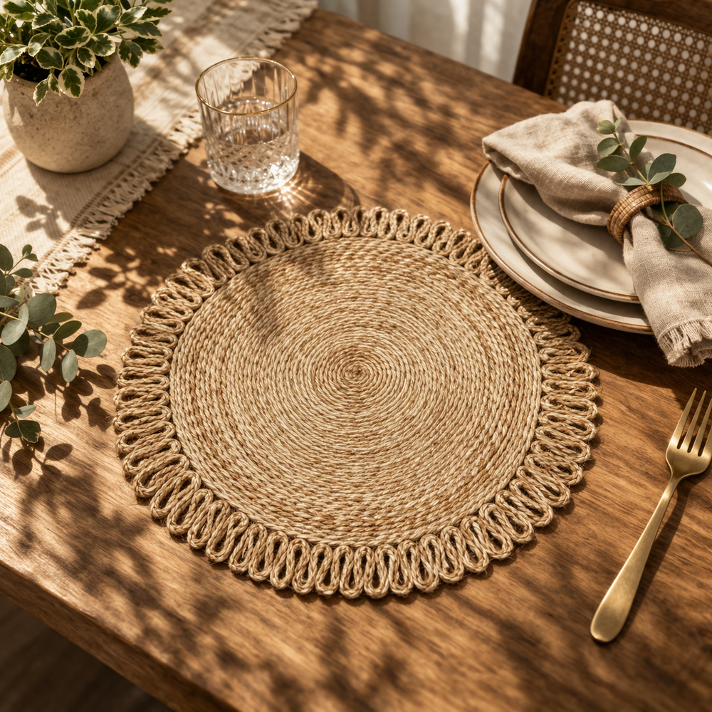 Handmade Round Jute Placemat Set, Woven Cotton Table Mat, Boho Dining Decor