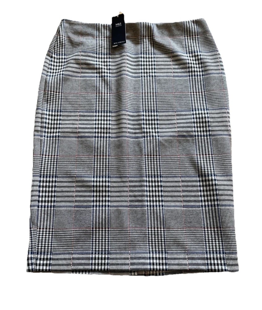M&S Grey Mix Check Elastic Waist Skirt UK 14 EU 42 Long New