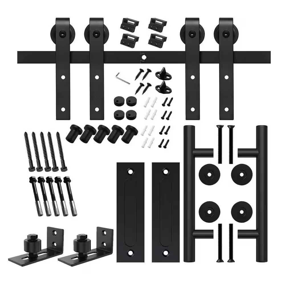 10 Ft Matte Black J-Shaped Double Barn Door Hardware Kit with 2 Handles