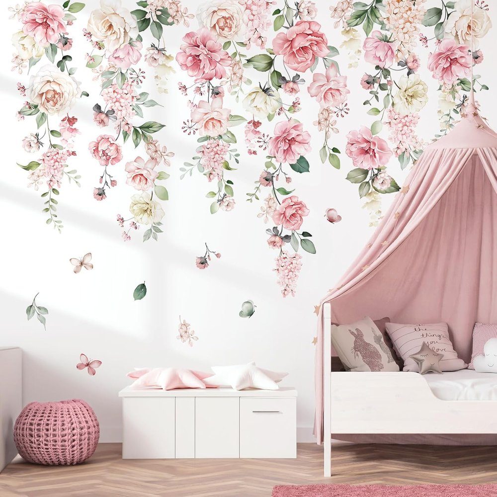Large Pink Flowers Wall Stickers Hanging Vine Floral Leaves Peel and Stick Wall