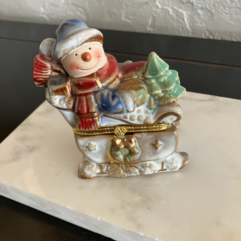 Vintage Ceramic Snowman in Sleigh Hinged Trinket Box
