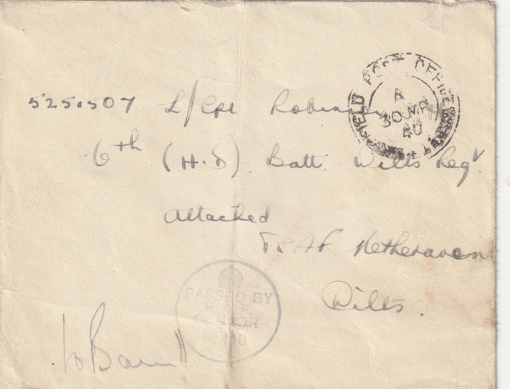 1940 BEF France to GB 6th BN Wiltshire Regiment attached RAF Netheravon military censor