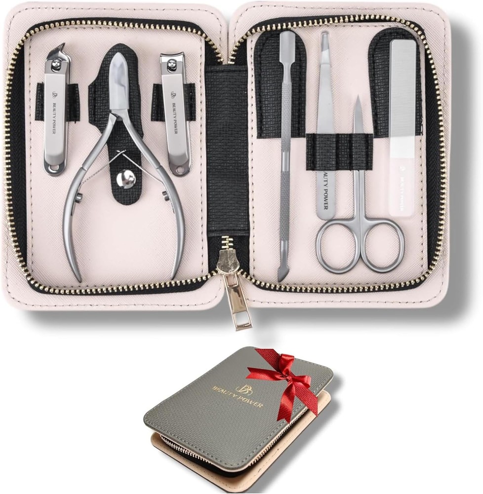 7-in-1 Stainless Steel Manicure Pedicure Set with Ultra Sharp Slanted Nail Clippers