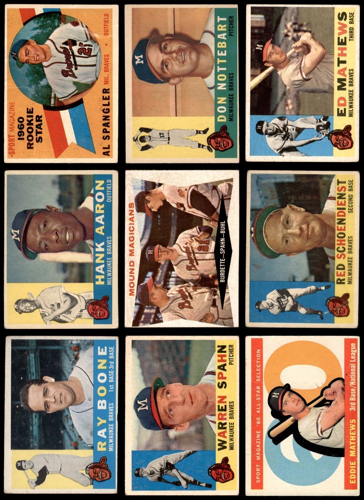 1960 Topps Milwaukee Braves Team Set 2.5 GD+ Condition Vintage Baseball Cards
