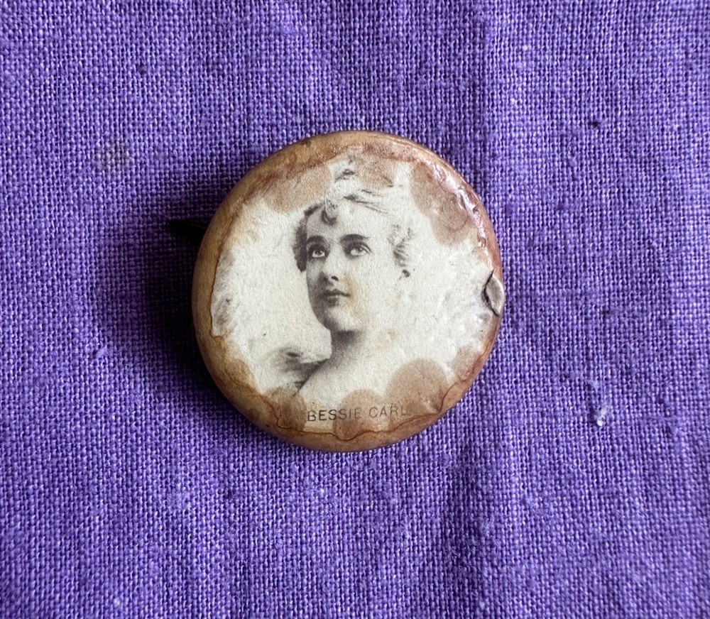 Antique 1890s Bessie Carl actress celluloid pin button photo badge