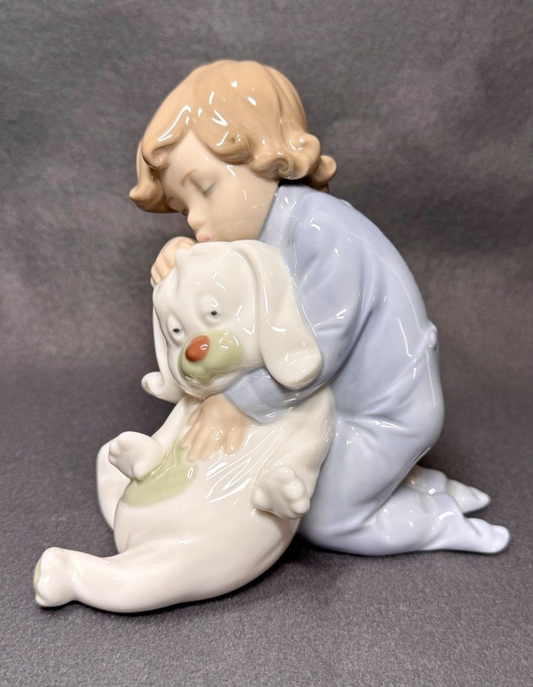 Nao By Lladro “Goodnight Kiss” Boy Hugging Stuffed Bunny 1408 Porcelain
