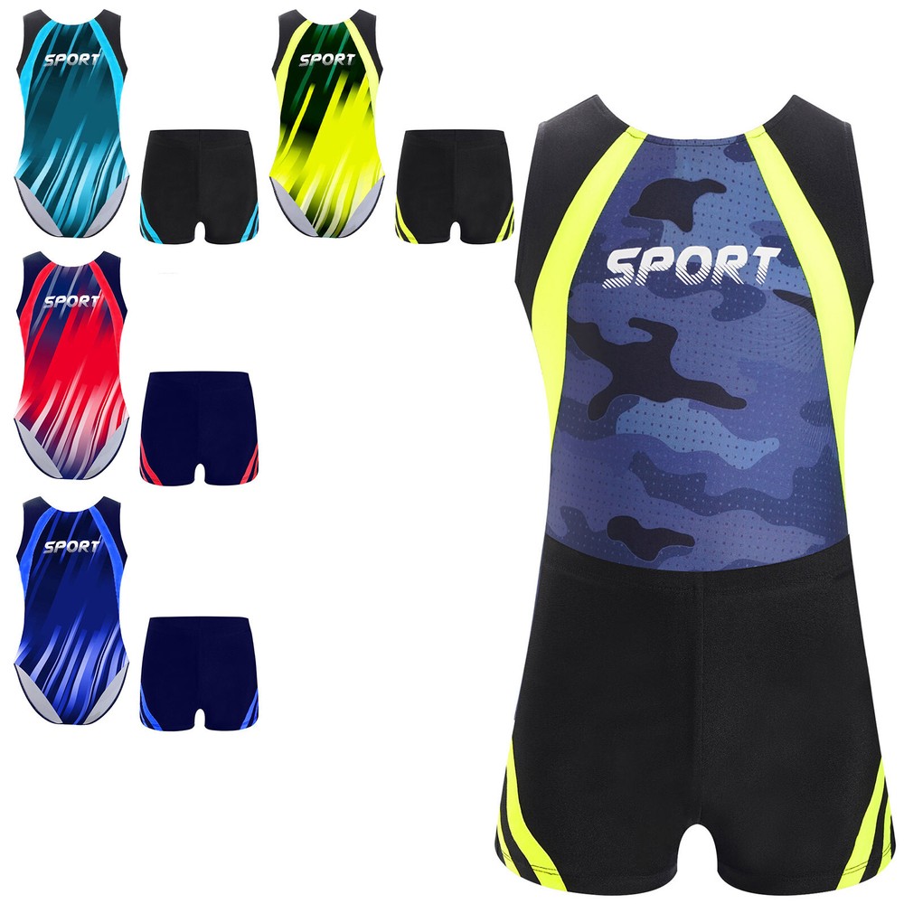 Boys Suit Training Set Color Block Outfits Workout Leotard With Shorts 2 Piece