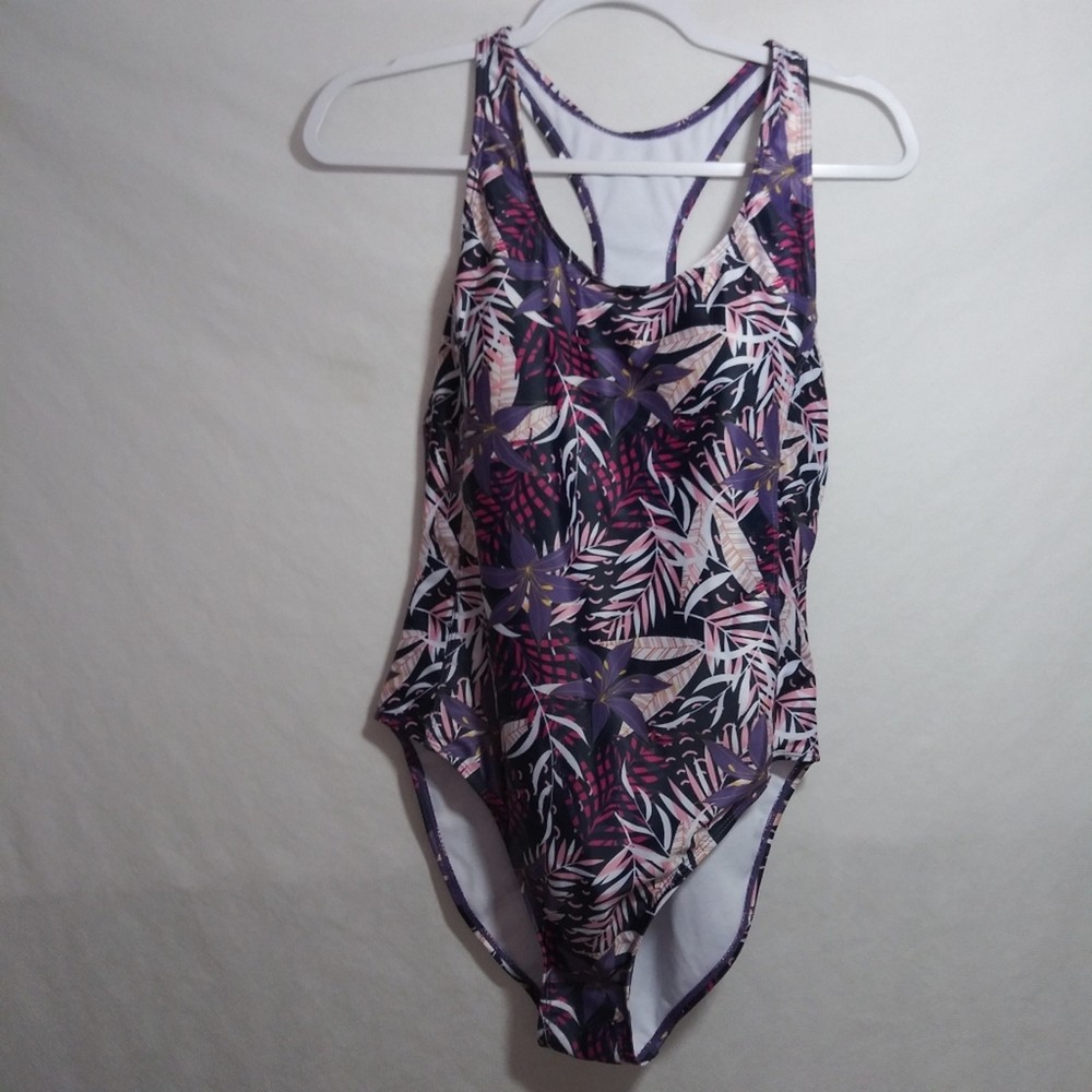 Nicole Miller Womens Racerback Floral Swimsuit Purple Size M Fully Lined