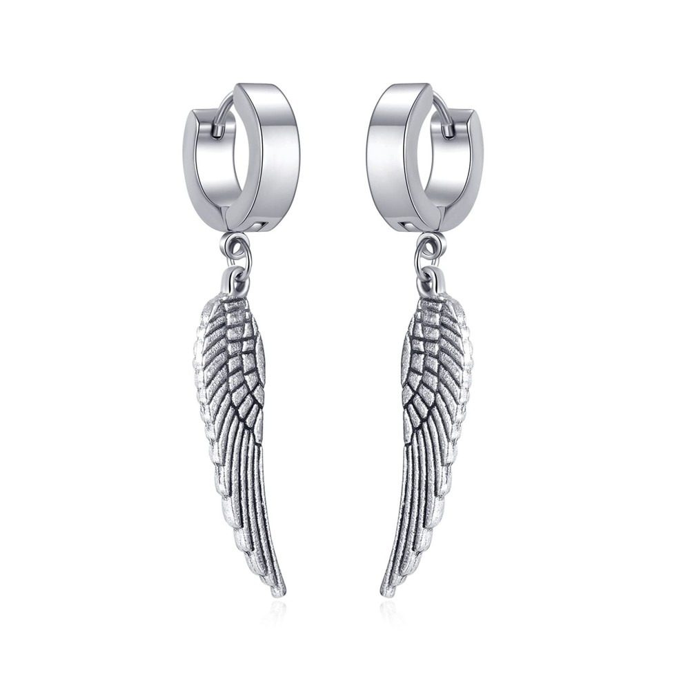 PEAS Punk Jewelry Huggie Hoop Earrings Stainless Steel Feather Dangle Drop Ea...