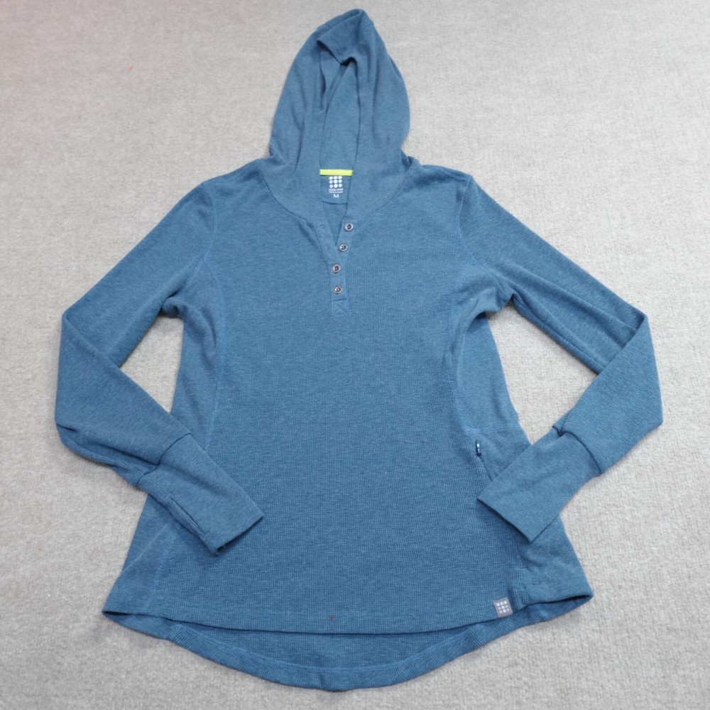 Title Nine Womens Sweater Medium Blue Ribbed Thermal Hoodie