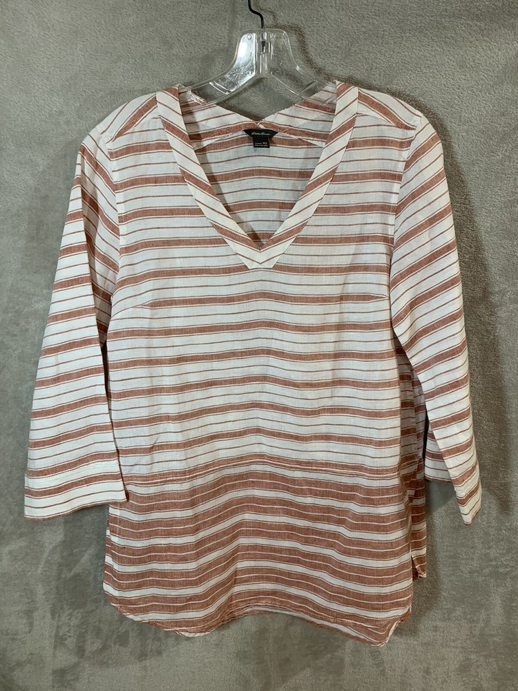 Eddie Bauer Womens Linen Top Size XS White Red Striped Long Sleeve Lightweight