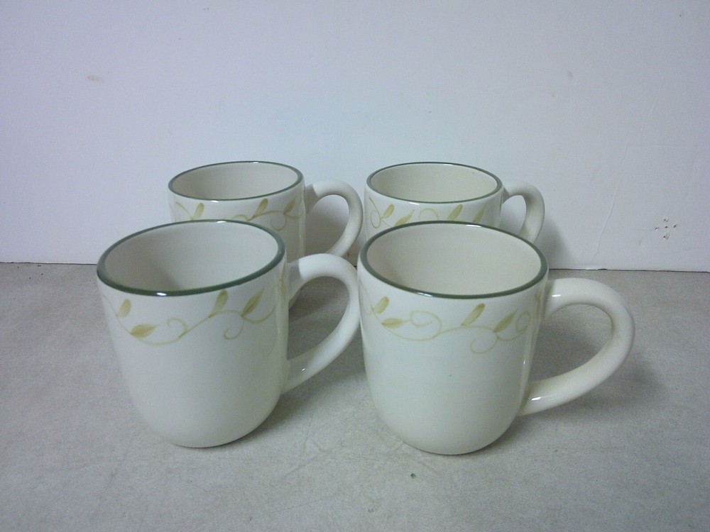 x4 Pfaltzgraff Traditions Sefton Park Green Trim Leaf & Vine Ceramic Coffee Mugs