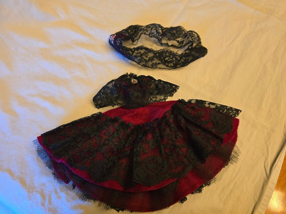 Vintage Barbie doll gown, burgundy with black lace and matching veil