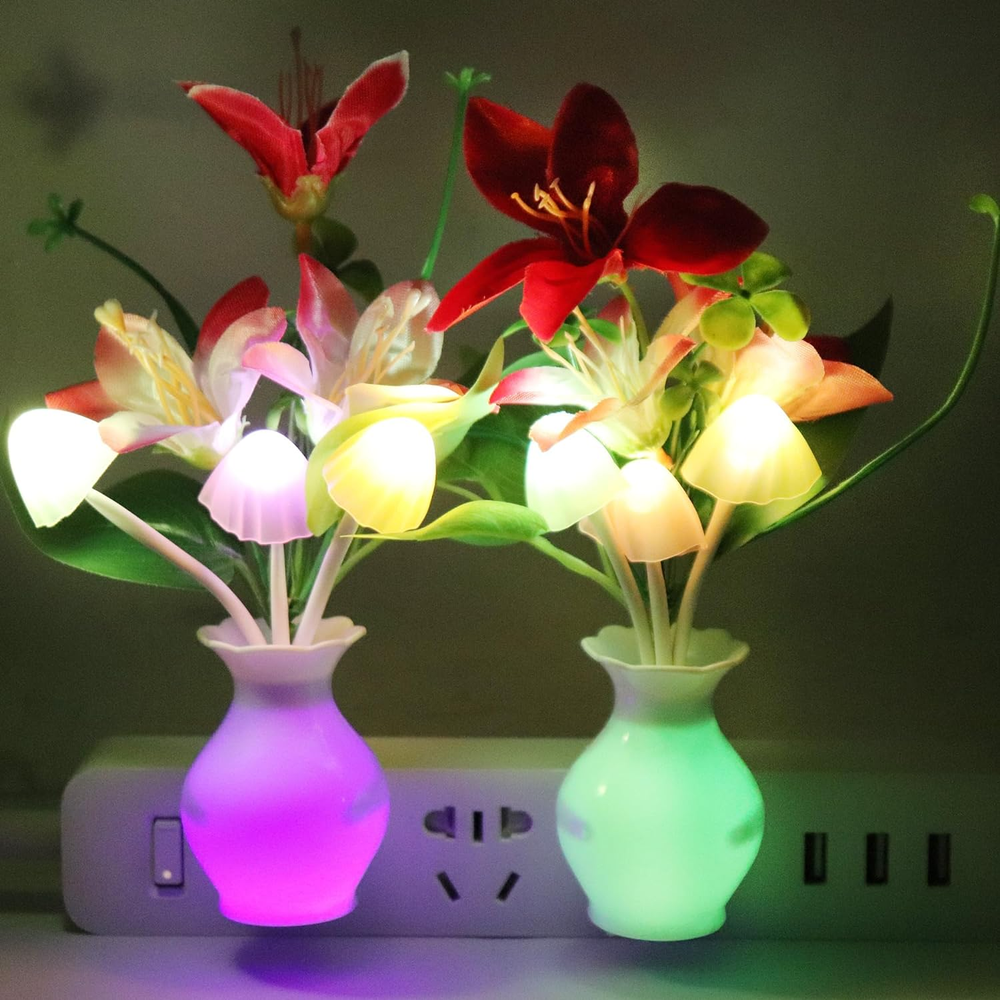 2 PCS Plug-In Night Light with Auto Light Sensor,Rgb LED Mushroom Night Light Wa