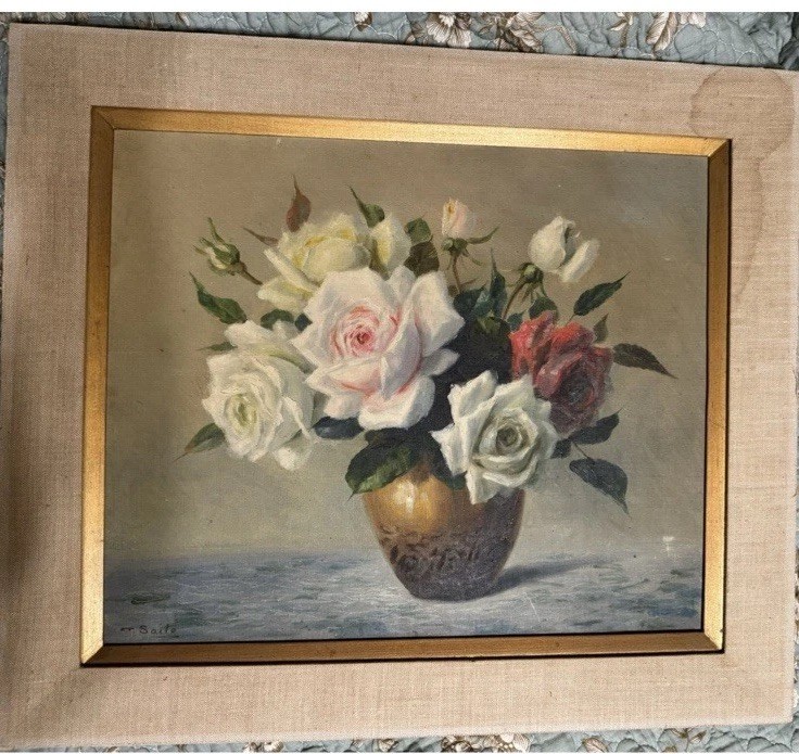 T. Saito Antique Roses Oil Painting