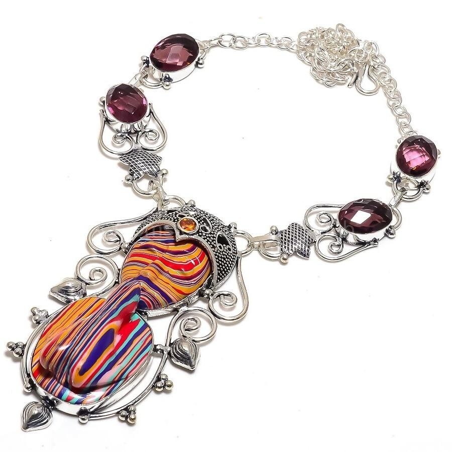 Christmas Sale Sterling Silver rainbow calsilica Gemstone Boho Vitange Necklace-image