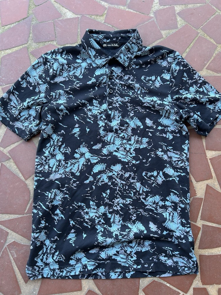 Travis Mathew Polo Shirt Mens Small Black Blue Watercolor Print Golf Pima Cotton