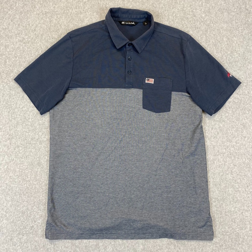 Travis Mathew Shirt Mens Large Blue Gray Block Short Sleeve Pocket Golf Polo USA
