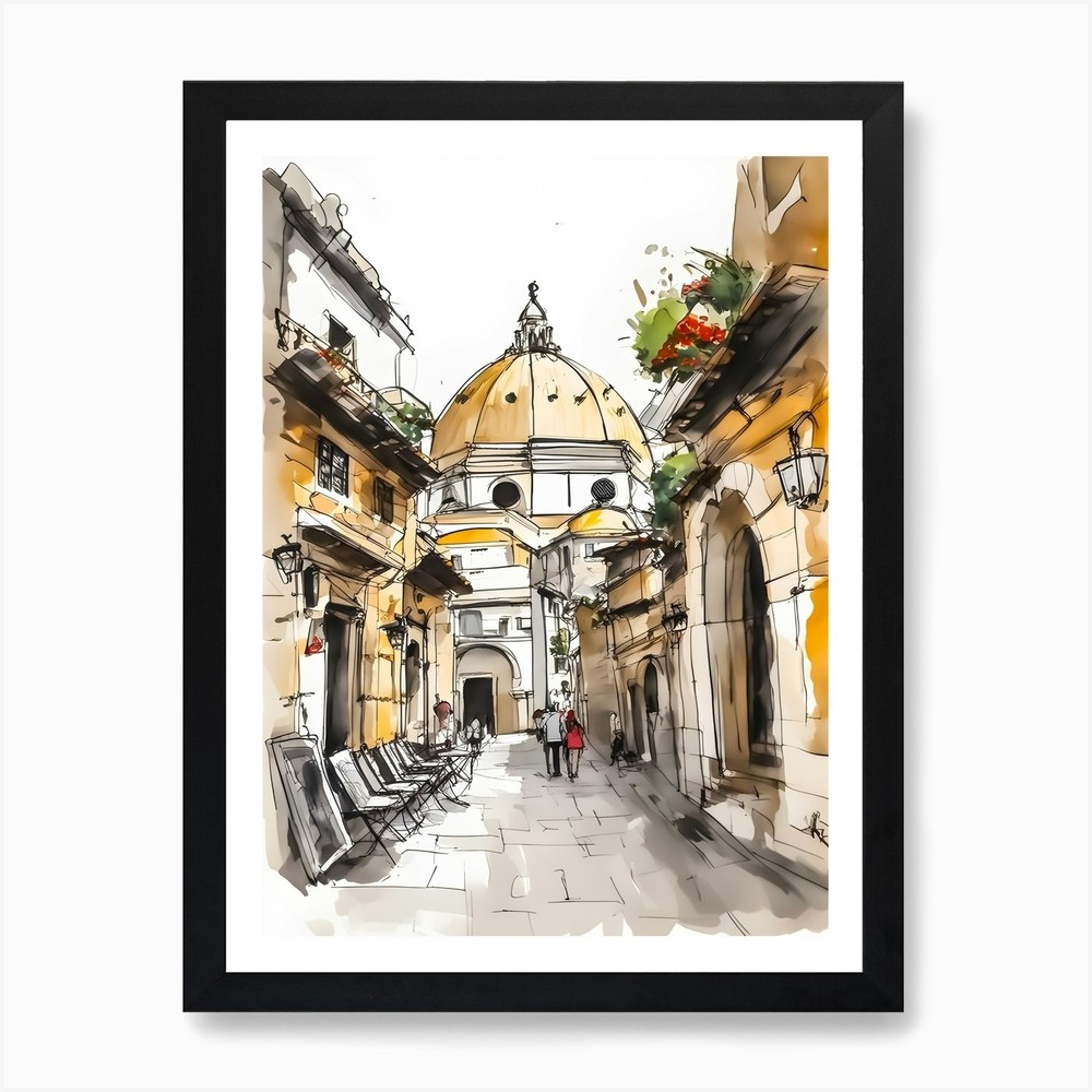 Watercolor Sketch Of A Street In It Framed Wall Art Poster Canvas Print Picture