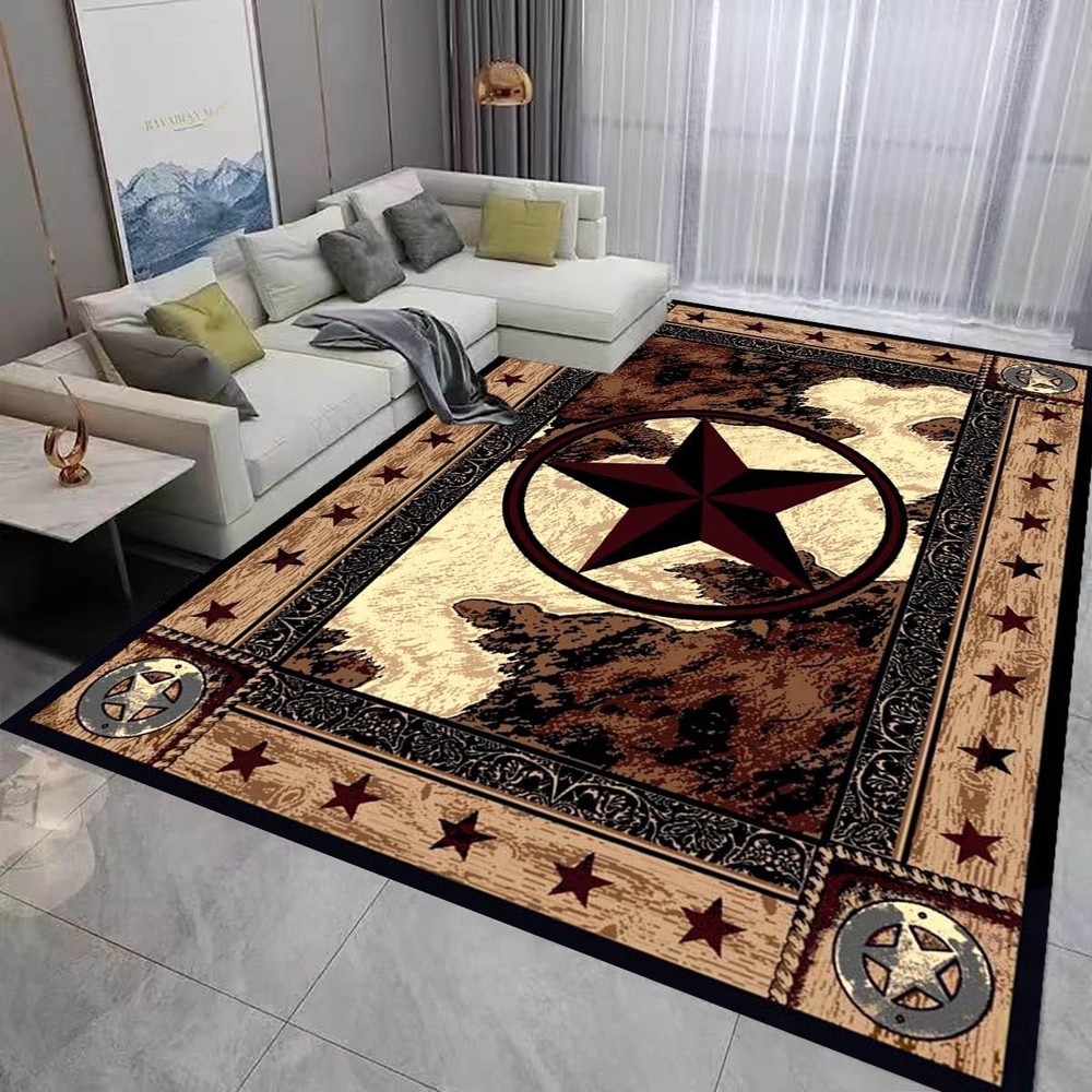 Vintage Rustic Western Texas Star Modern Area Rugs Country Carpet Non-Slip Fl...