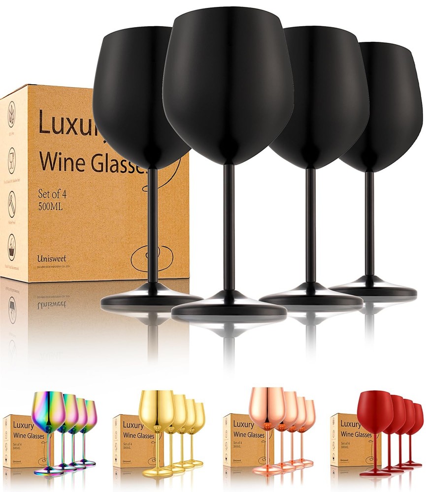 Stainless Steel Wine Glasses Set of 4 Unbreakable Wine Glass 18 oz Unique Met...