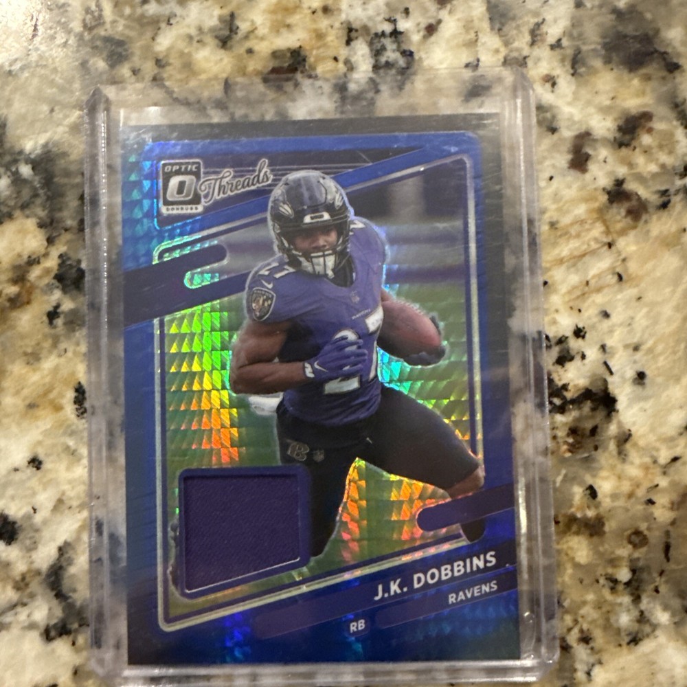 2021 Panini Donruss Optic JK Dobbins Blue Hyper Threads Patch Insert Card #TH-6