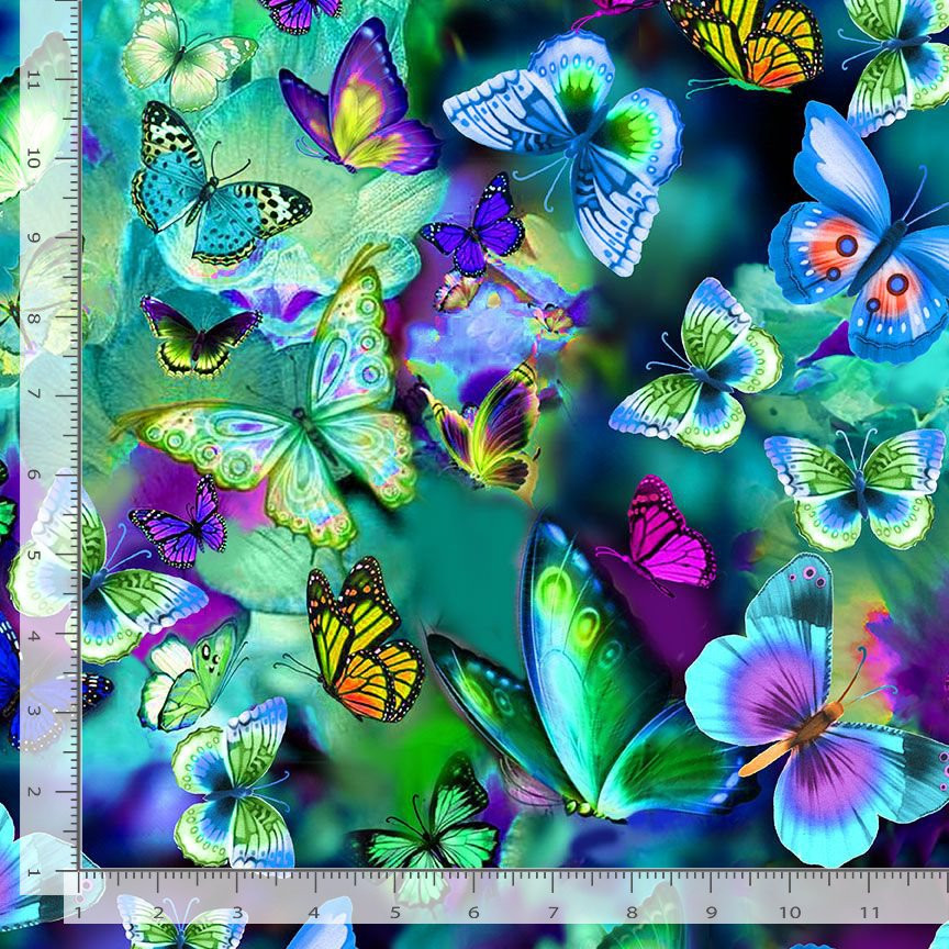 Electric Fabric | Butterfly Toss Green Purple Blue | Timeless Treasures YARD