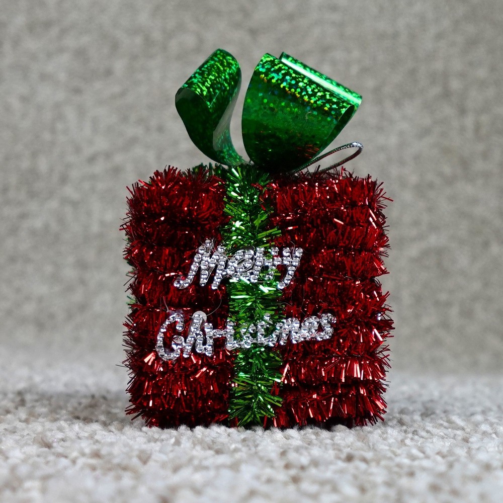 Sparkly Red Tinsel Wrapped Gift Box Christmas Ornament Green Bow Merry Christmas