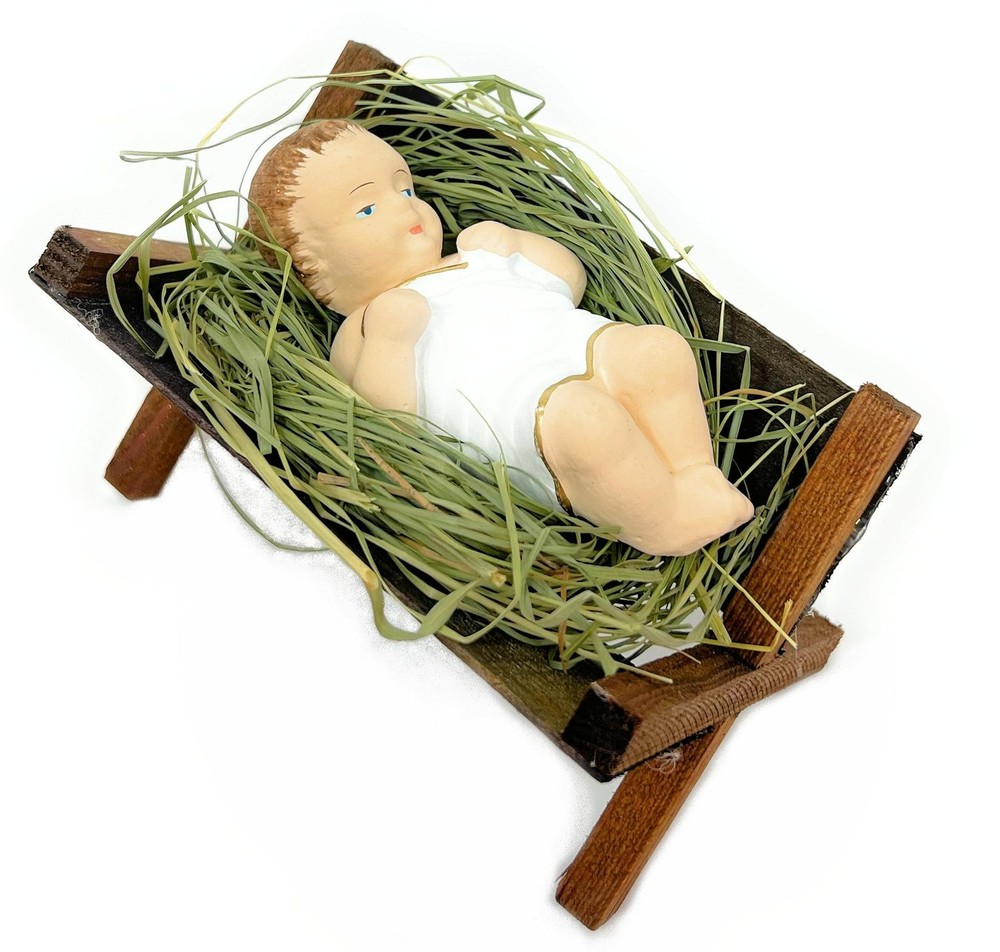 Baby Jesus in Wooden Manger Laying on Natural Hay Small 4-inch Nativity Figurine