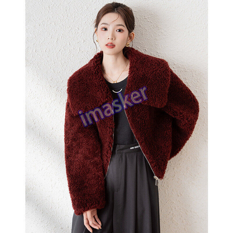 Red Lamb Wool Fur Coat Women's  Winter New Fur Coat Big Collar Short Coats