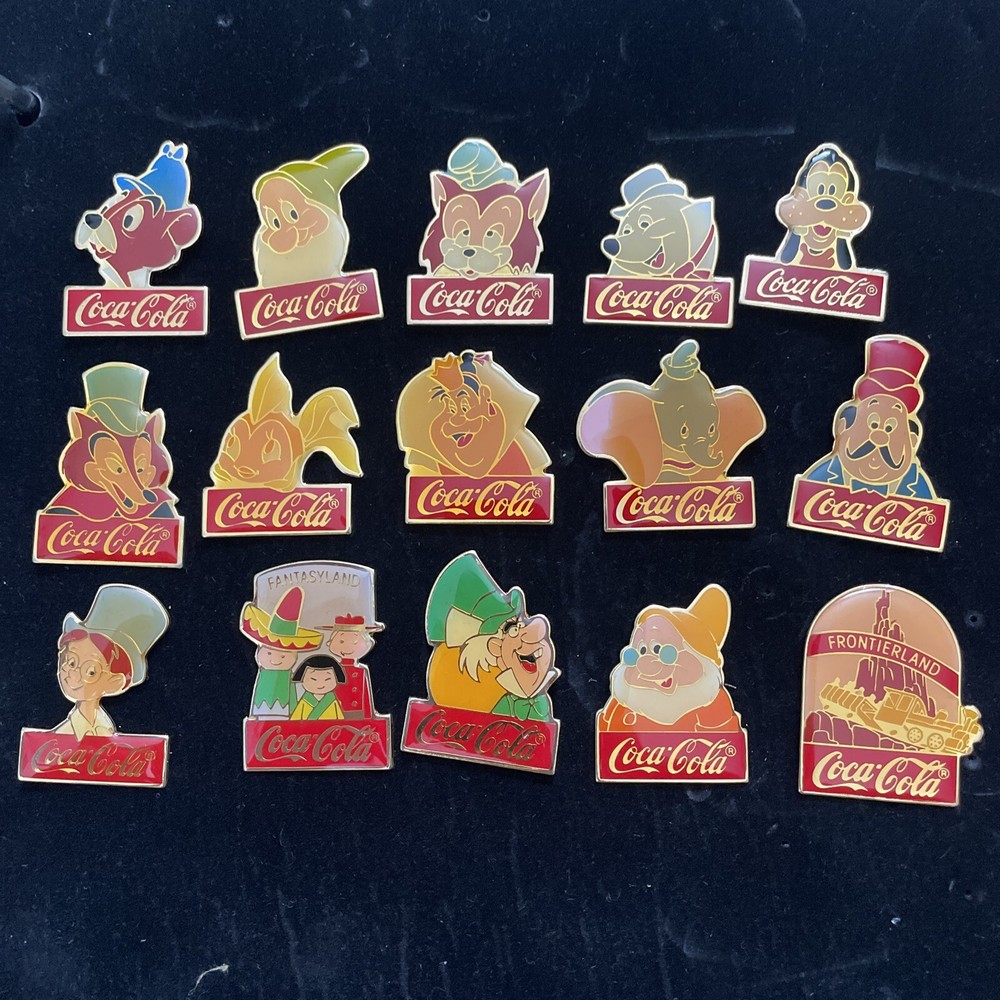 DISNEY COKE COCA COLA Pin Lot Of 15 Cleo Dumbo Mad Hatter John Doc Queen Hearts