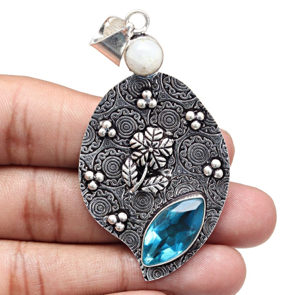 Swiss Blue Quartz Pendant Handmade Sterling Silver Jewelry 3 Inch