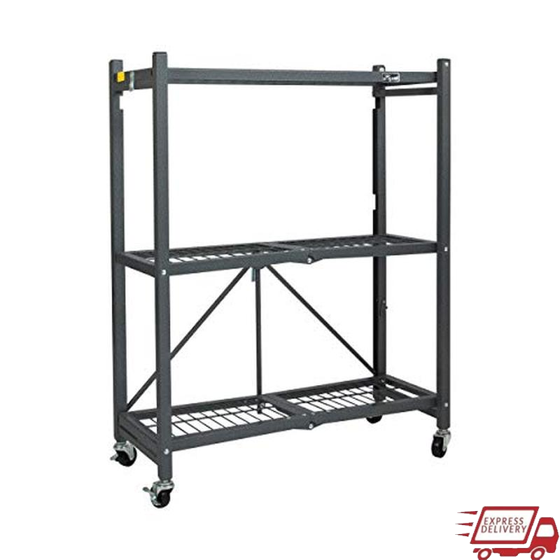 3-Tier Heavy Duty Mobile Storage Rack with Wheels & Folding Shelves