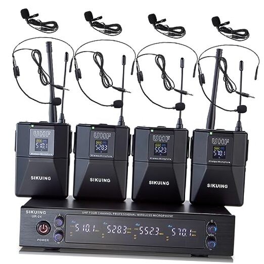 4-Ch UHF Wireless Mic System with 4 Bodypacks & Lavalier Headsets