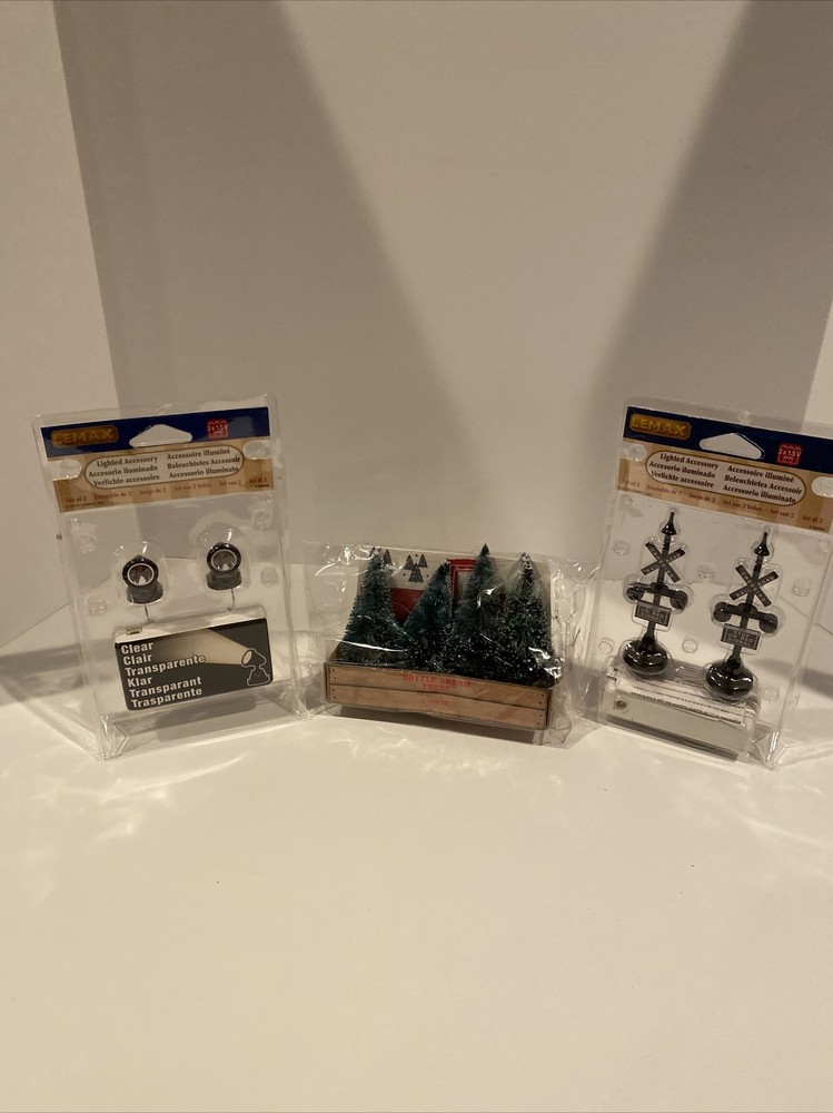 Lemax Christmas Village Set with Spotlight, Railroad Crossing, and Bottle Brush Trees