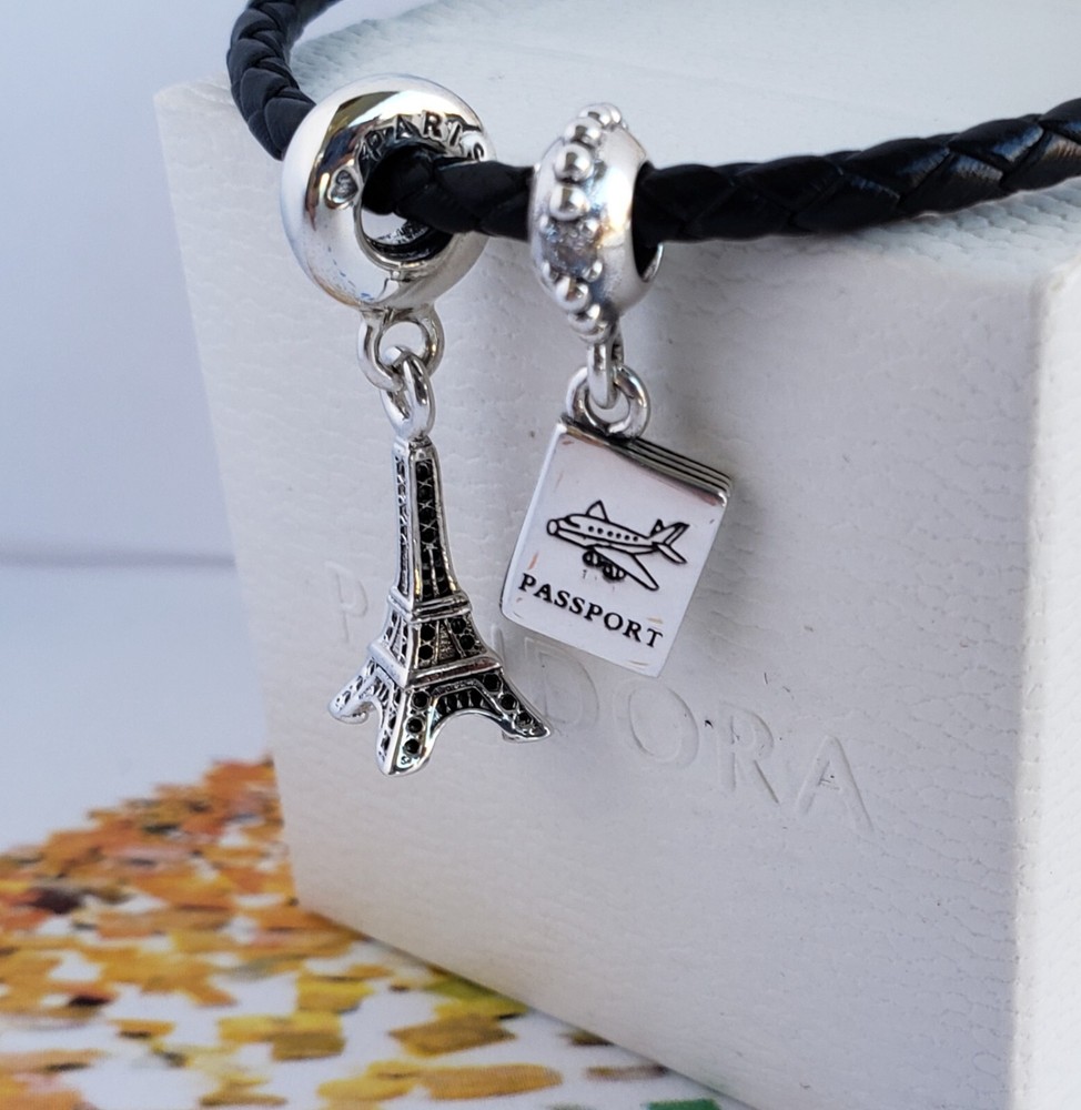 Set of 2 Authentic Pandora Eiffel Tower and Passport Charms