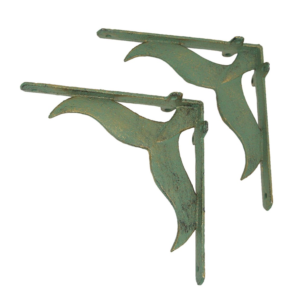 Zeckos Set of 2 Cast Iron Verdigris Whale Tail Wall Bracket Shelf Decor