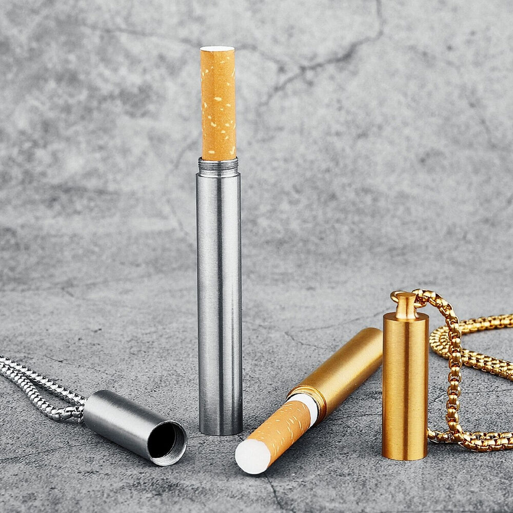 Cigarette Inside Holding Necklace Silver Stainless Steel Pendant Case Chain