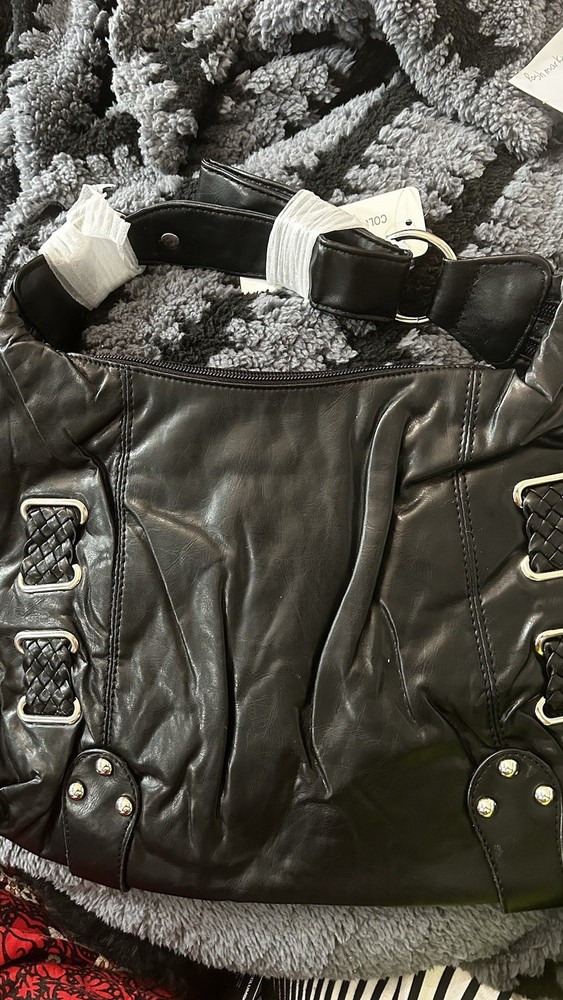 Black Leather Shoulder Bag Unbranded, Roomy, Studded, Woven Belt Design. New