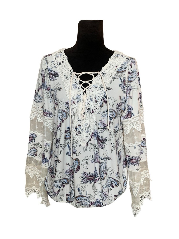 White House Black Market Size L Ivory Paisley Lace Blouse Beautiful!