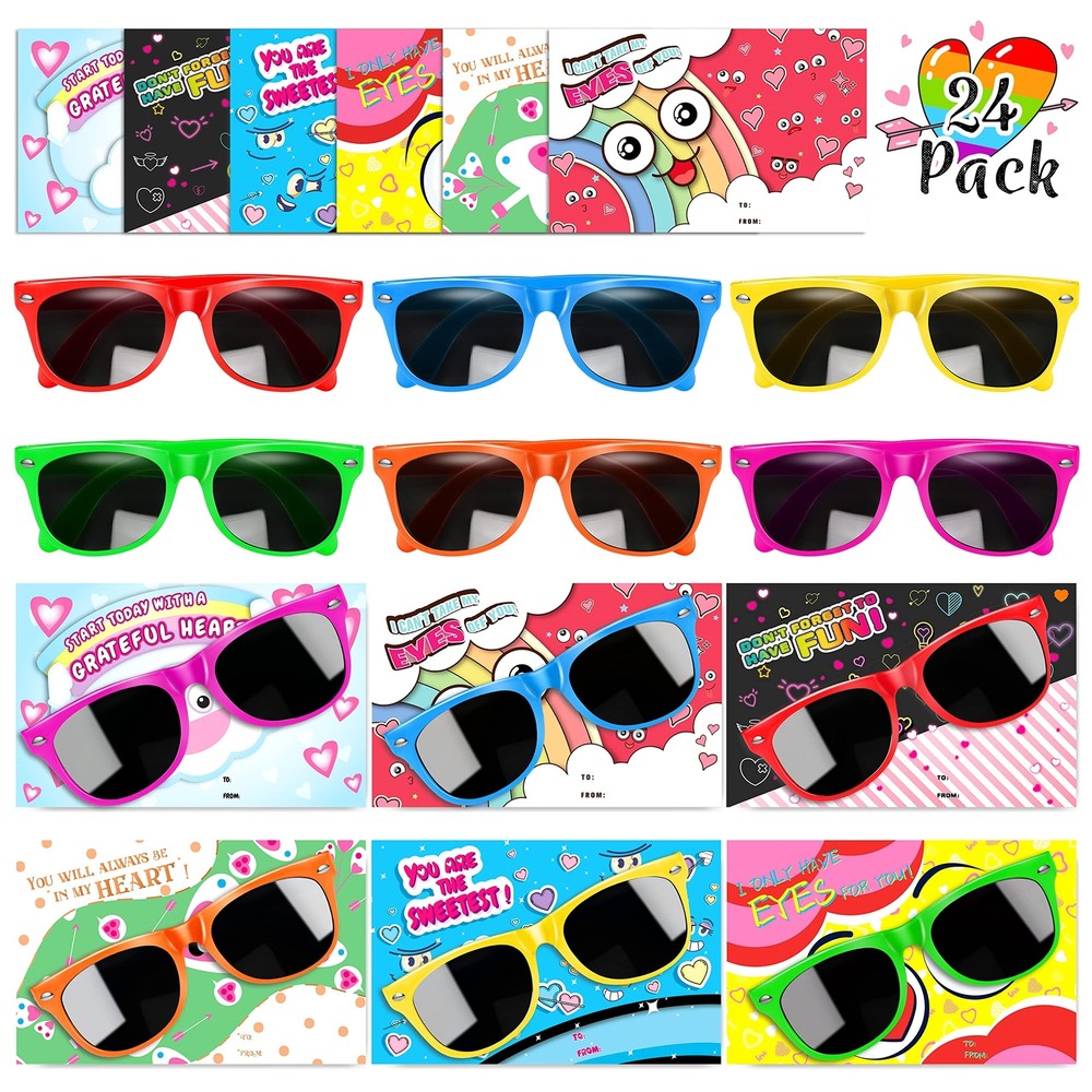 GINMIC 24-Pack Neon Kids Sunglasses with Cards - Valentine Party Favors  