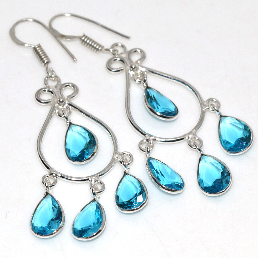 925 Silver Plated Blue Topaz Faceted Long Earrings Jewelry Size 2.3